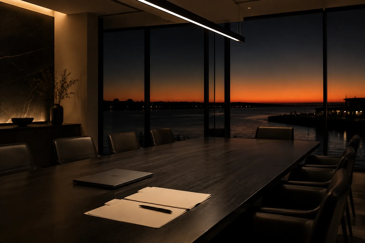 A boardroom overlooking a harbor at dusk