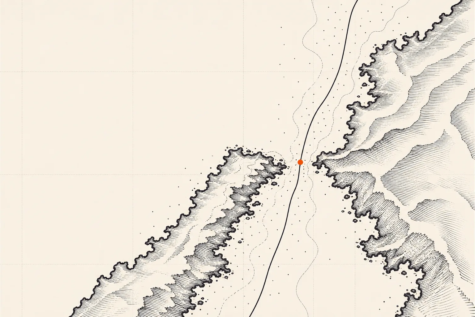 An engraving of a narrow passage between two headlands