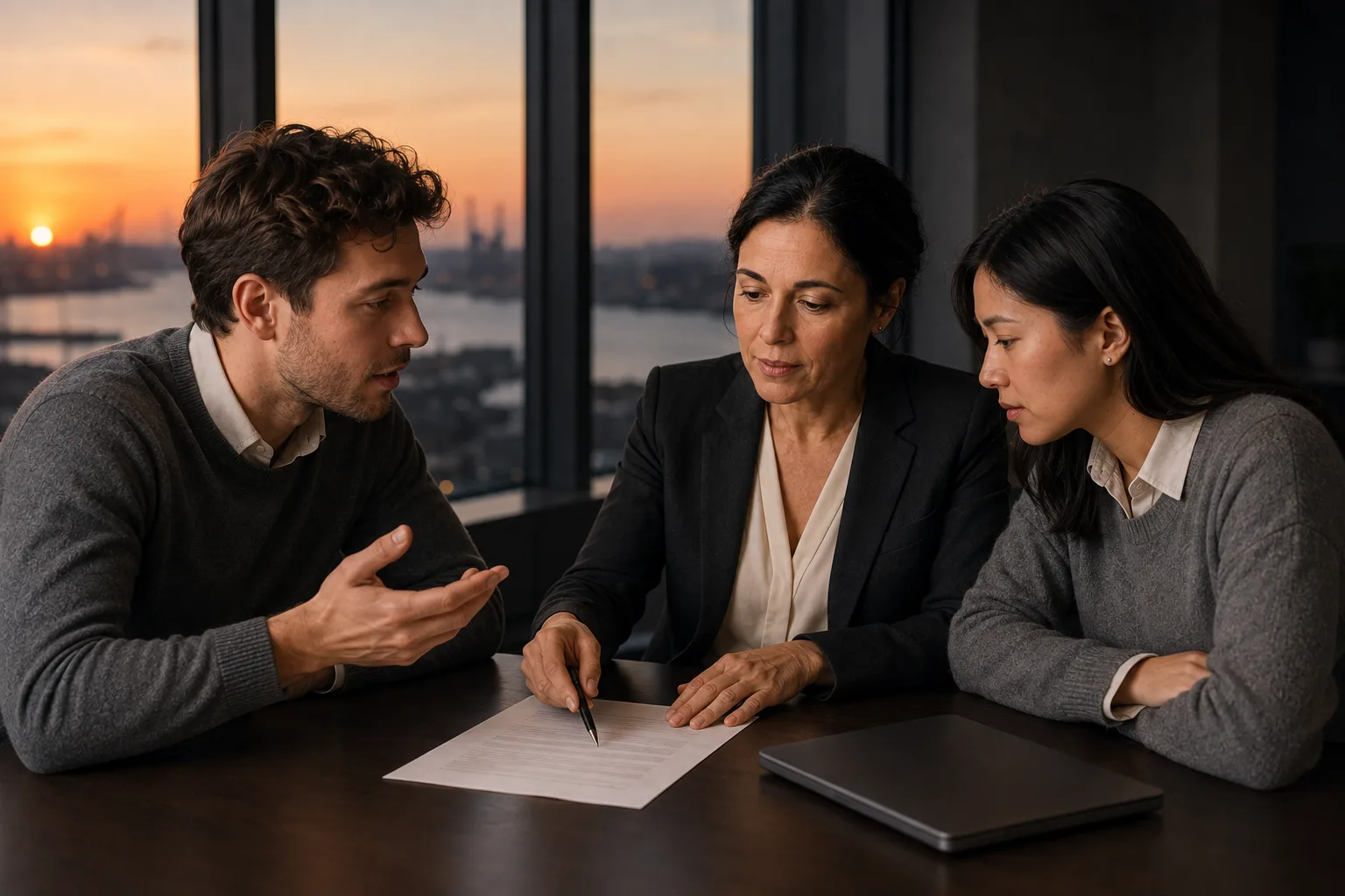 Two startup founders reviewing a contract with their counsel at dusk