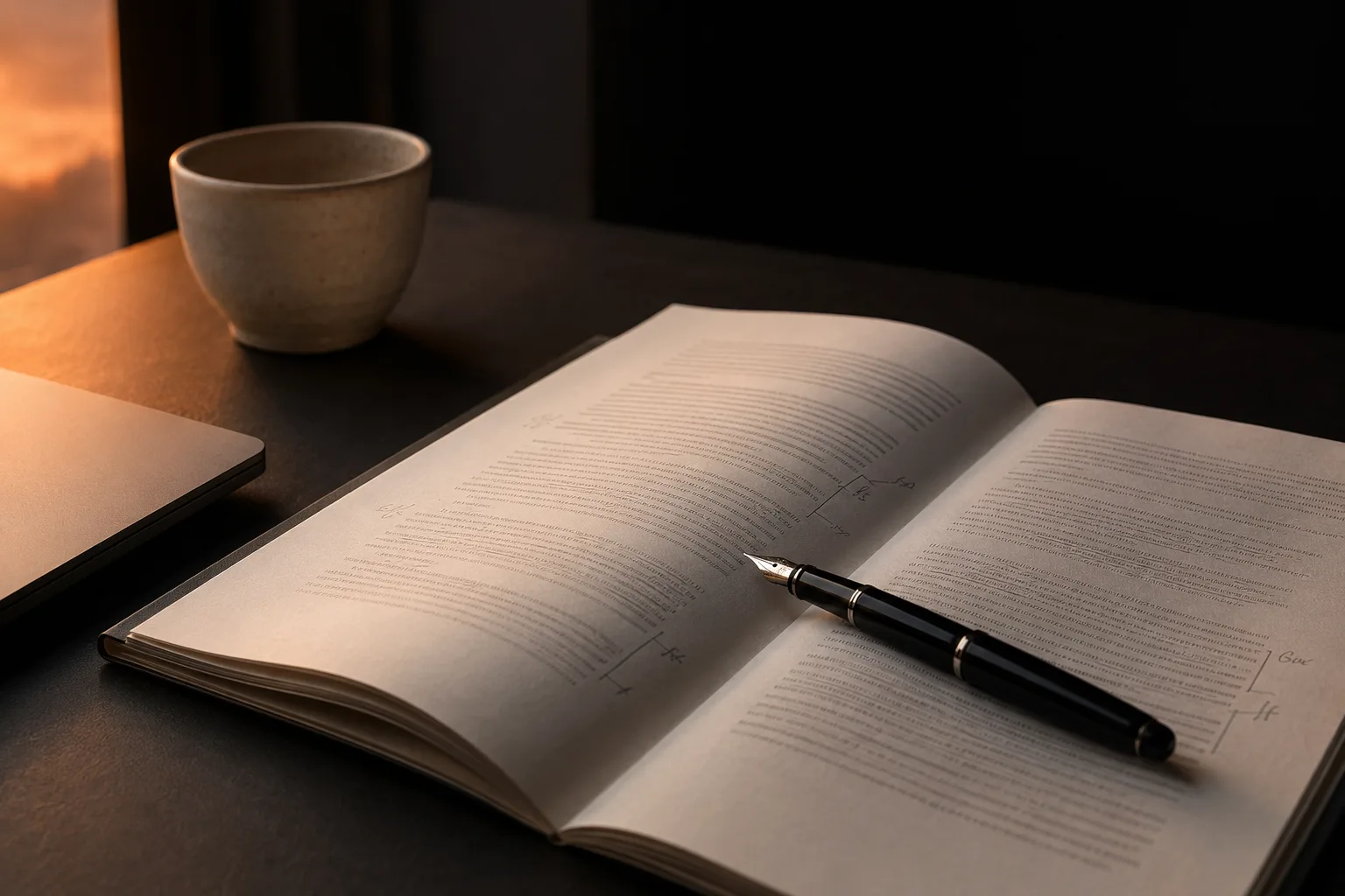 A contract and a fountain pen on a desk at dusk